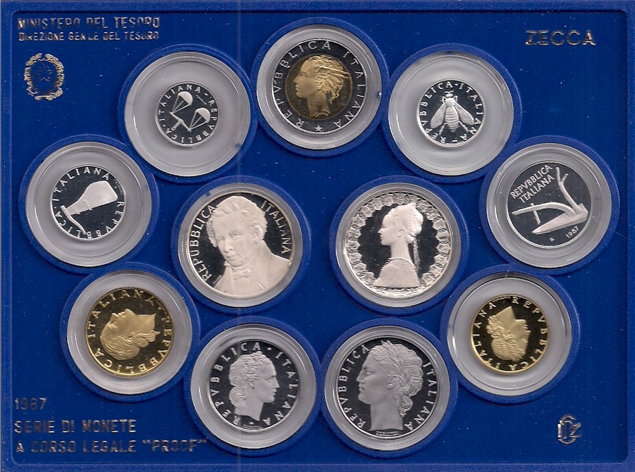 Serie completa di 11 monete confezionate con L.500 "Leopardi" - lotto di 5 serie in conf. originali