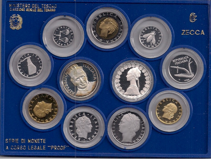 Serie completa di 11 monete confezionate con L.500 "Don Bosco" - lotto di 5 serie in conf. originali