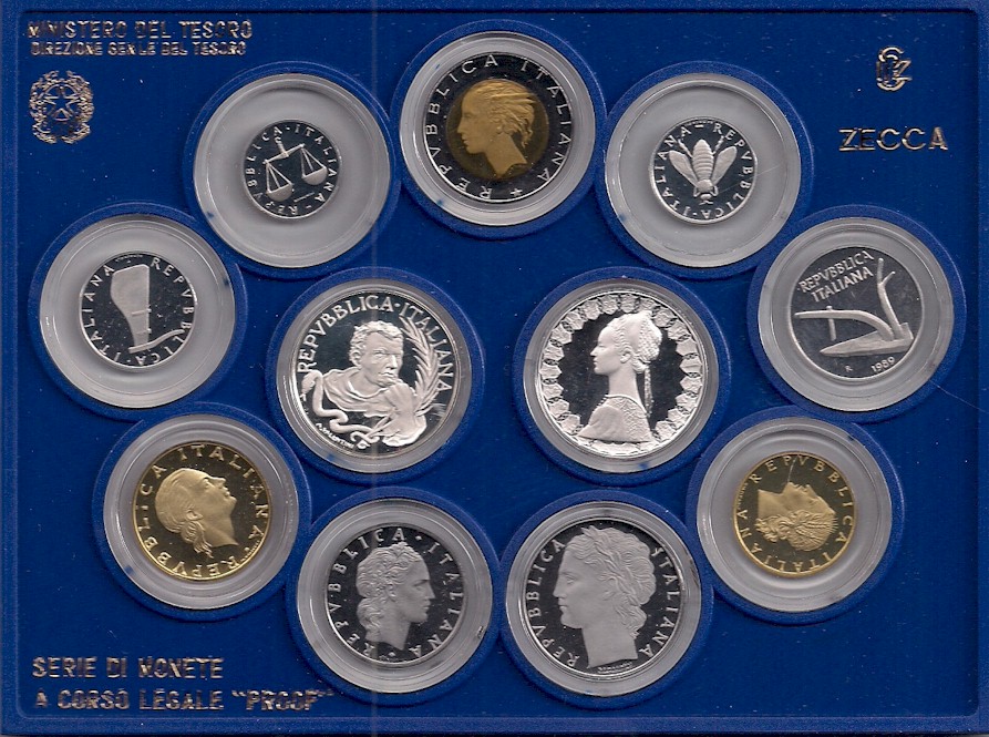 Serie completa di 11 monete confezionate con L.500 "T. Campanella" - lotto di 5 serie in conf. originali