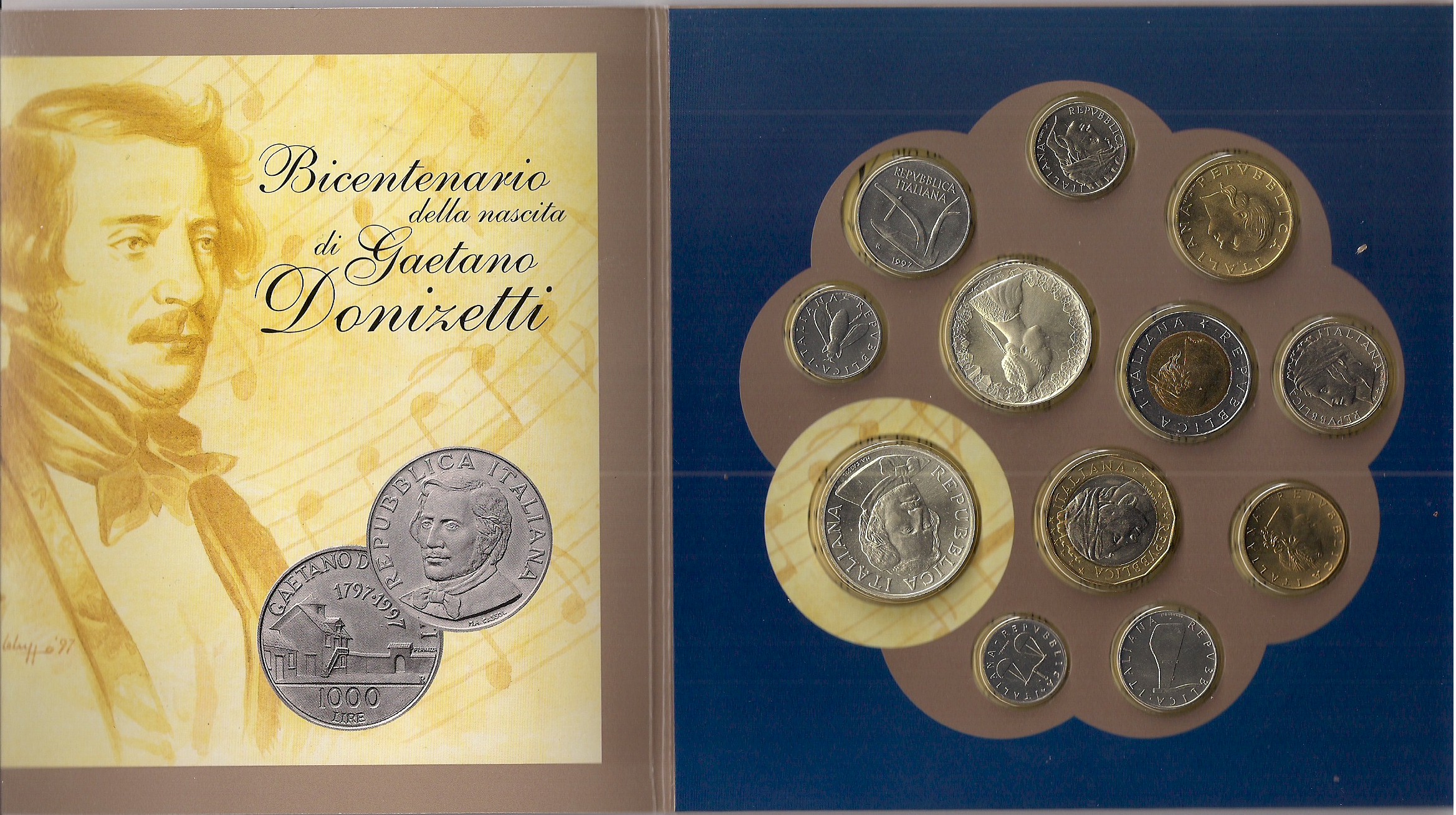 Serie completa di 12 monete con L. 1000 "Donizetti" - Lotto di 5 serie in conf. originali