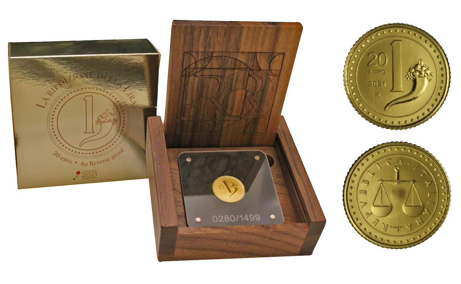 "Riedizione della Lira" - 20 Euro gr. 7,77 in oro 999/000 - Reverse PROOF - Tiratura 1499 pezzi 