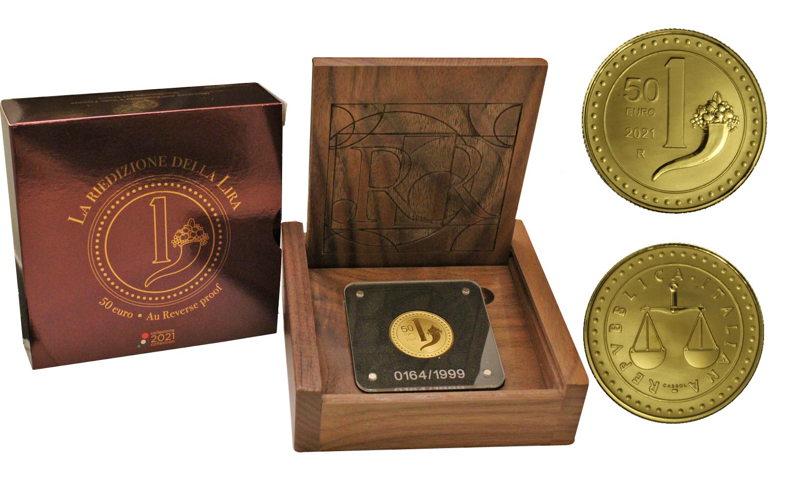 "Riedizione della Lira" - 50 Euro gr. 15,55 in oro 999/000 - Reverse PROOF - Tiratura 1999 pezzi