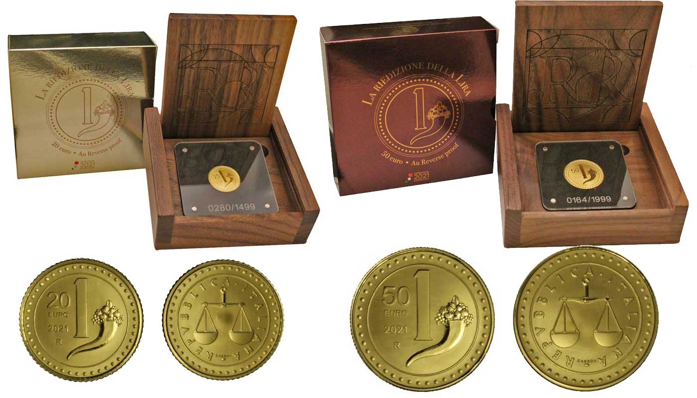"Riedizione della Lira" - 20 e 50 Euro gr. 23,32 in oro 999/ - Reverse PROOF - Tiratura 1499 pezzi