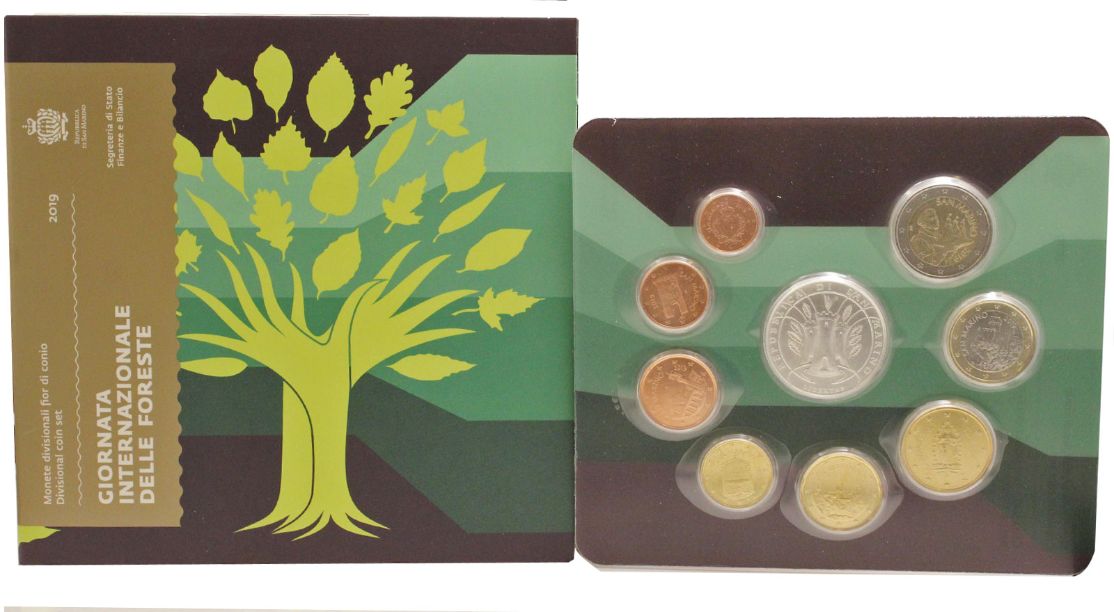 Serie completa di 9 monete con 5 euro in argento "Giornata Internazionale delle Foreste"