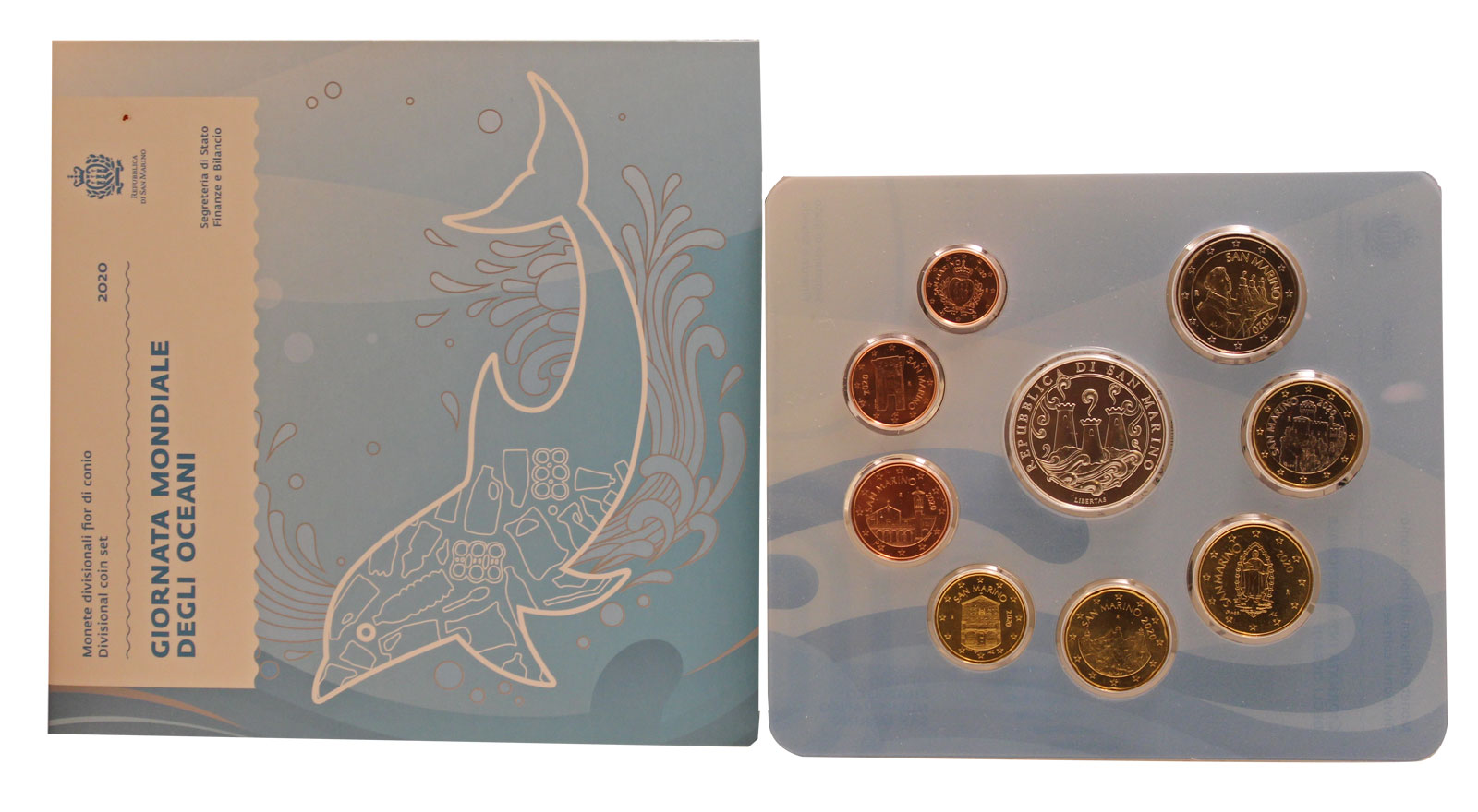 "Giornata mondiale degli Oceani" - Serie divisionale di 9 monete con 5 euro gr. 18,00 in arg. 925/ - In conf. originale 