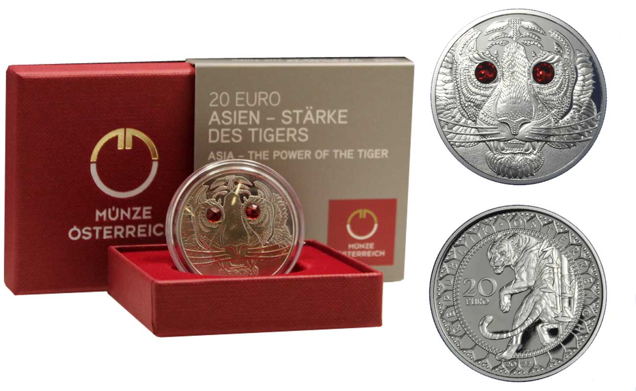 "Occhi del mondo - Tigre" - Moneta da 20 euro con cristallo Swarovski gr. 22,42 in ag. 925/000