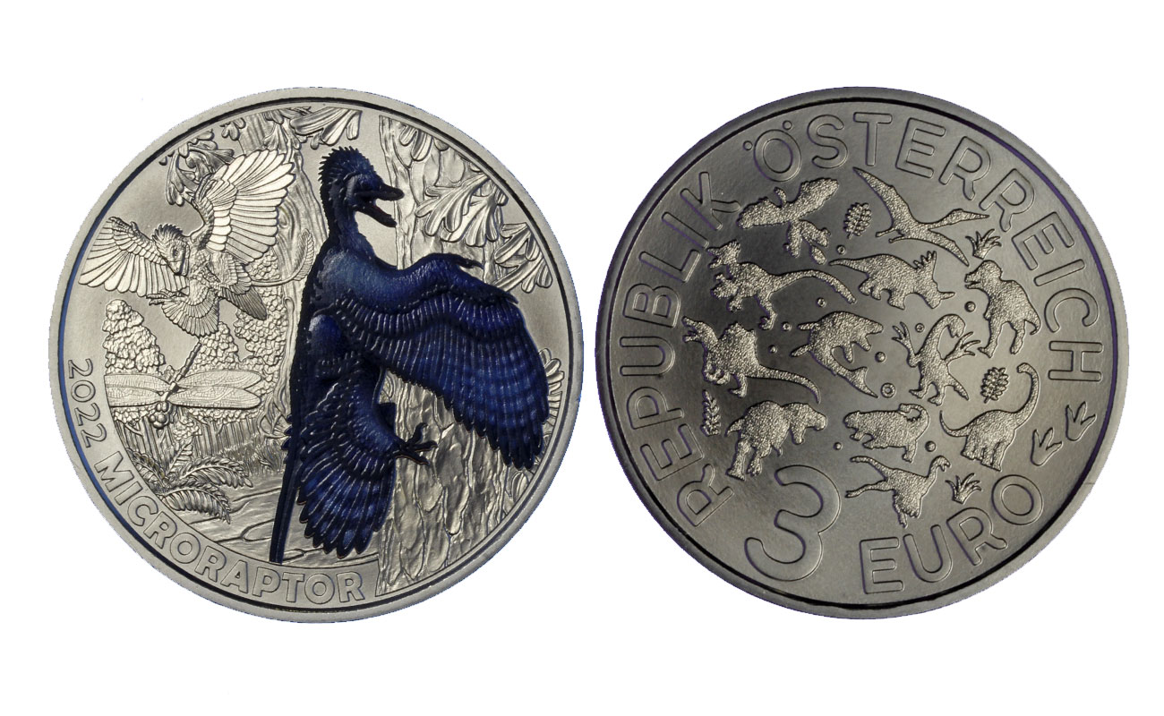 "Serie Dinosauri: Microraptor" - moneta da 3 euro con dettagli smaltati e fluorescenza 