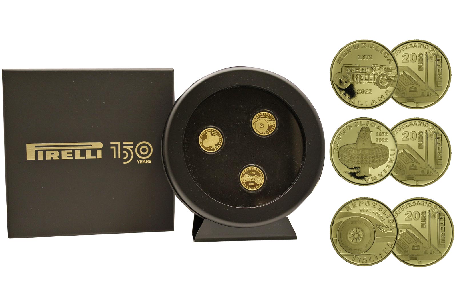 "150° Pirelli" - Trittico di monete da 20 euro gr. 6,45 cad in oro 900/°°° - Tiratura 1000 pezzi