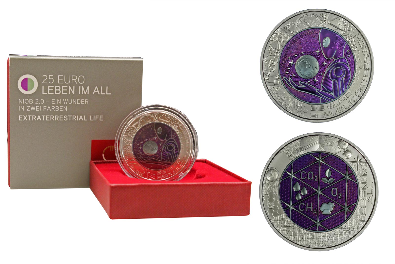 "Vita Extraterrestre" - Moneta da 25 euro in argento 900/000 e niobio con dettagli colorati