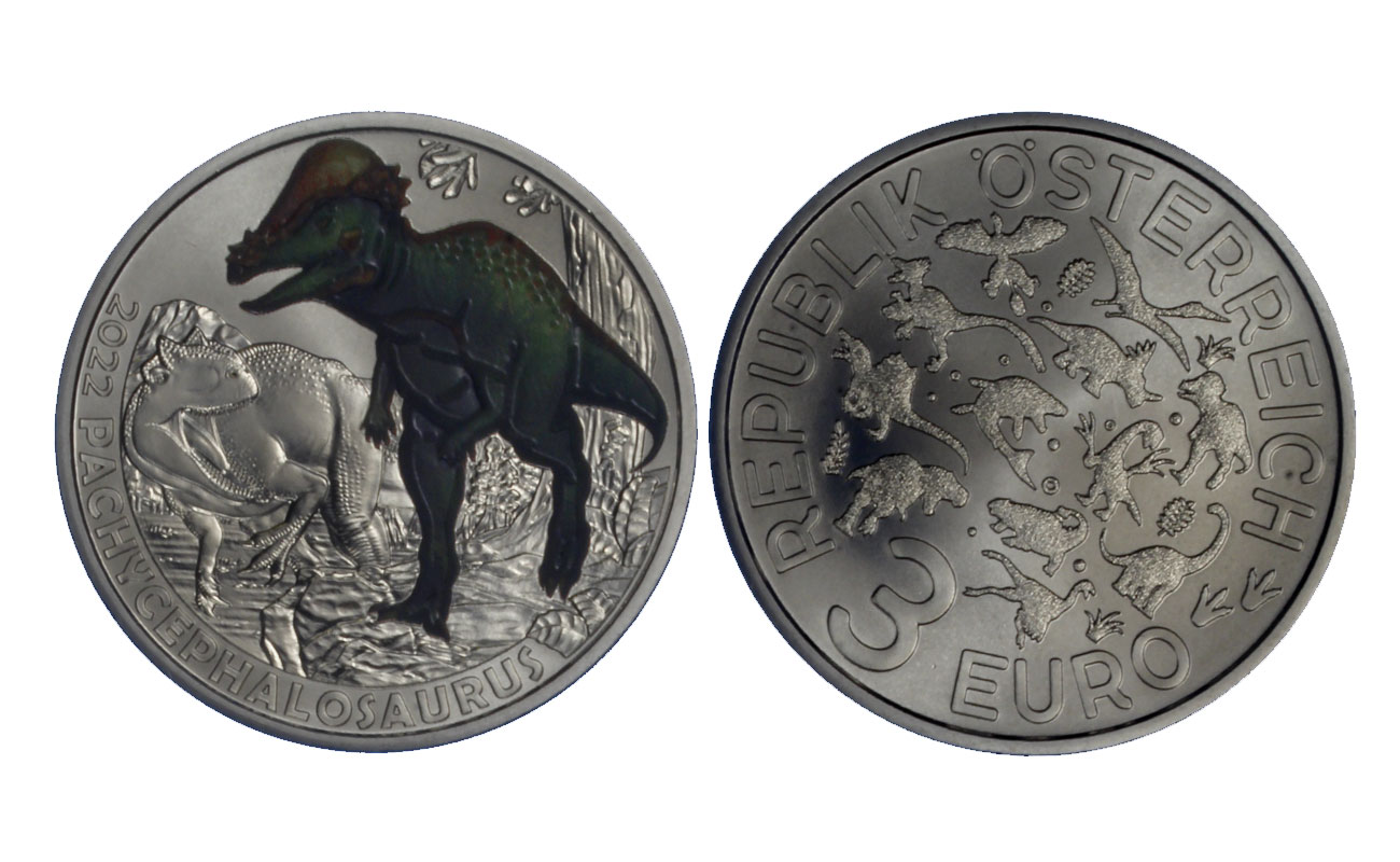 "Serie Dinosauri: Pachicefalosauro" - moneta da 3 euro con dettagli smaltati e fluorescenza