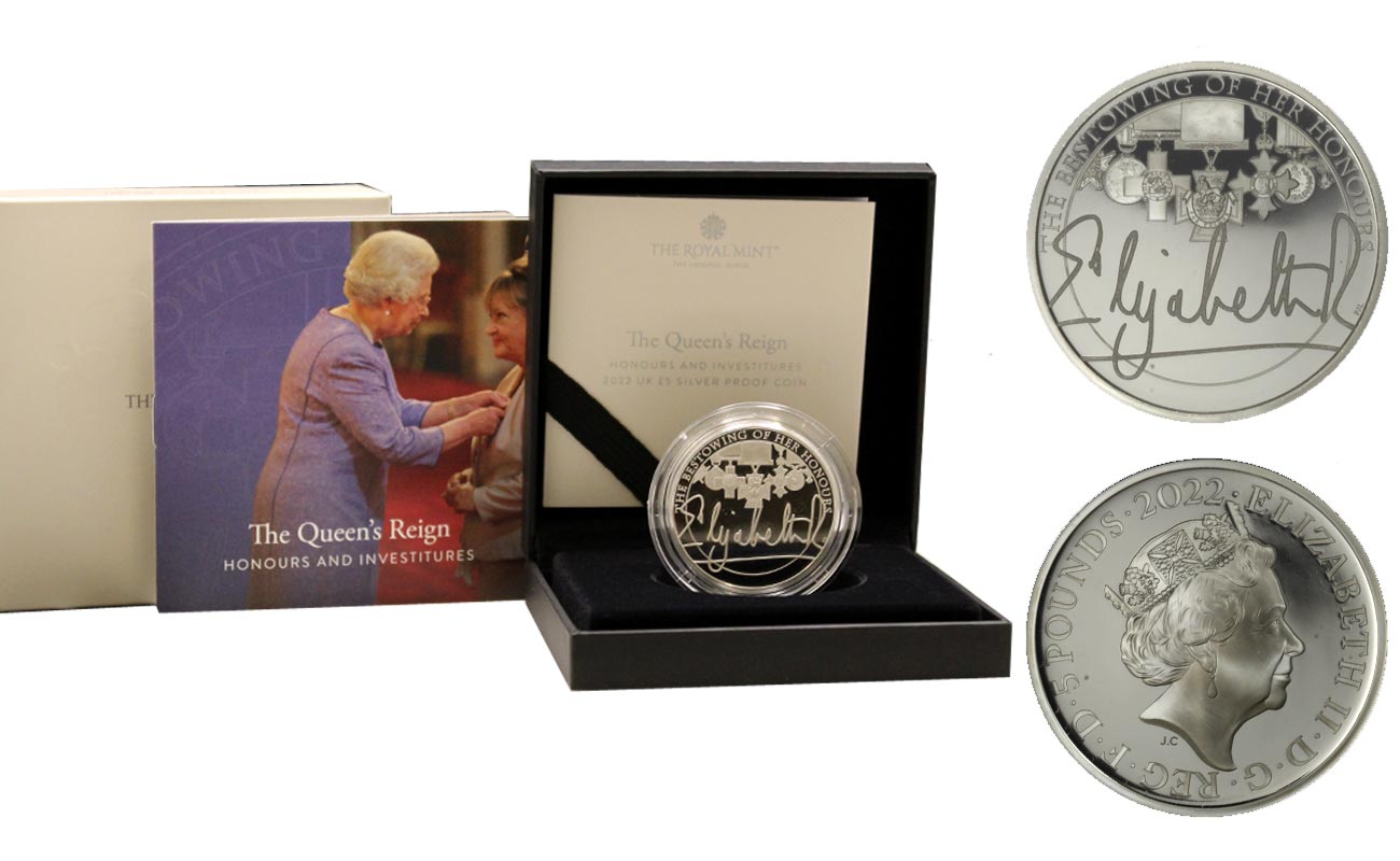 "The Queen's Reign: onorificenze e investiture" - 5 pounds gr. 28,28 in ag. 925/000 - Tiratura 4000 pezzi 