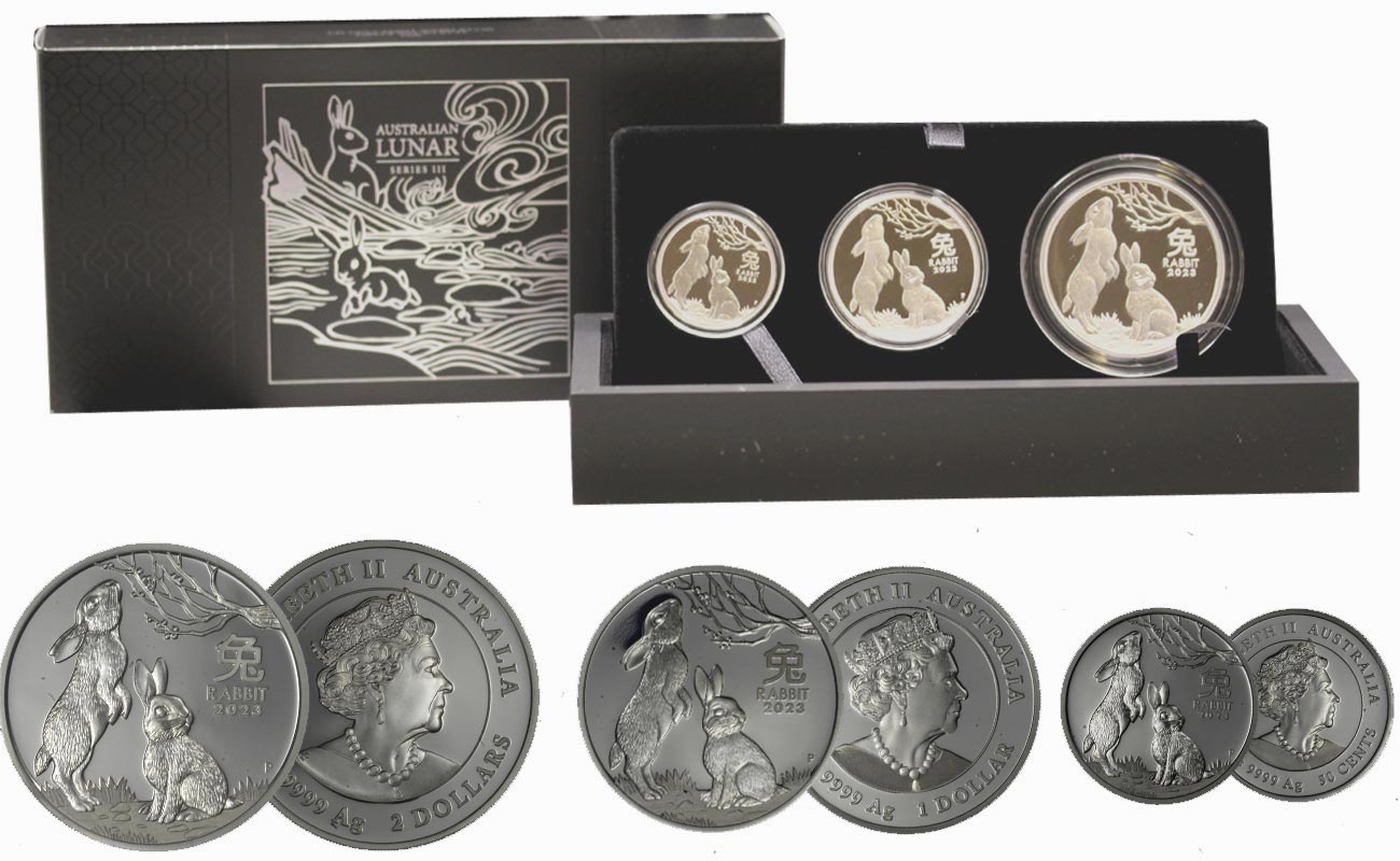 "Calendario Lunare III - Anno del Coniglio" - Set di 3 monete da dollari 2, 1 e 50 cent. - gr. tot 108,86 in ag. 999/ - Tiratura 1.000 pz