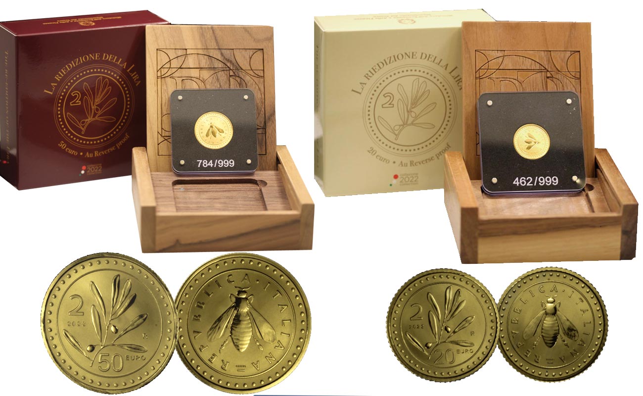 "Riedizione della Lira - 2 lire" - 20 e 50 Euro gr. 23,32 in oro 999/°°° - Reverse PROOF - Tiratura 999 pezzi