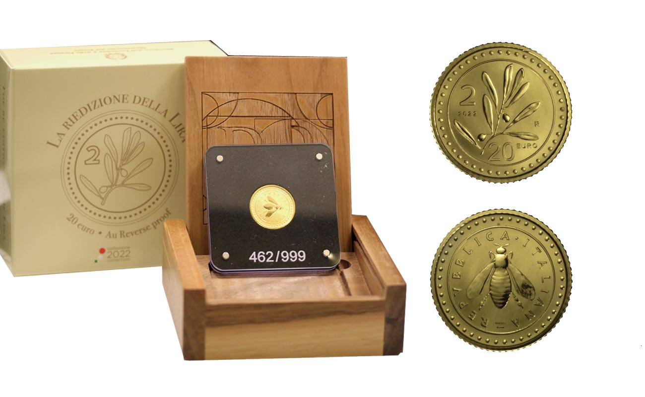 "Riedizione della Lira - 2 lire " - 20 Euro gr. 7,77 in oro 999/000 - Reverse PROOF - Tiratura 999 pezzi