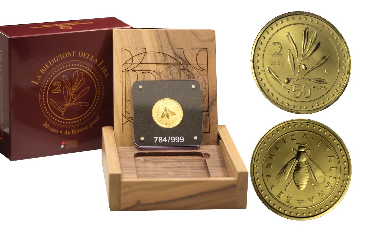 "Riedizione della Lira - 2 lire" - 50 Euro gr. 15,55 in oro 999/000 - Reverse PROOF - Tiratura 999 pezzi