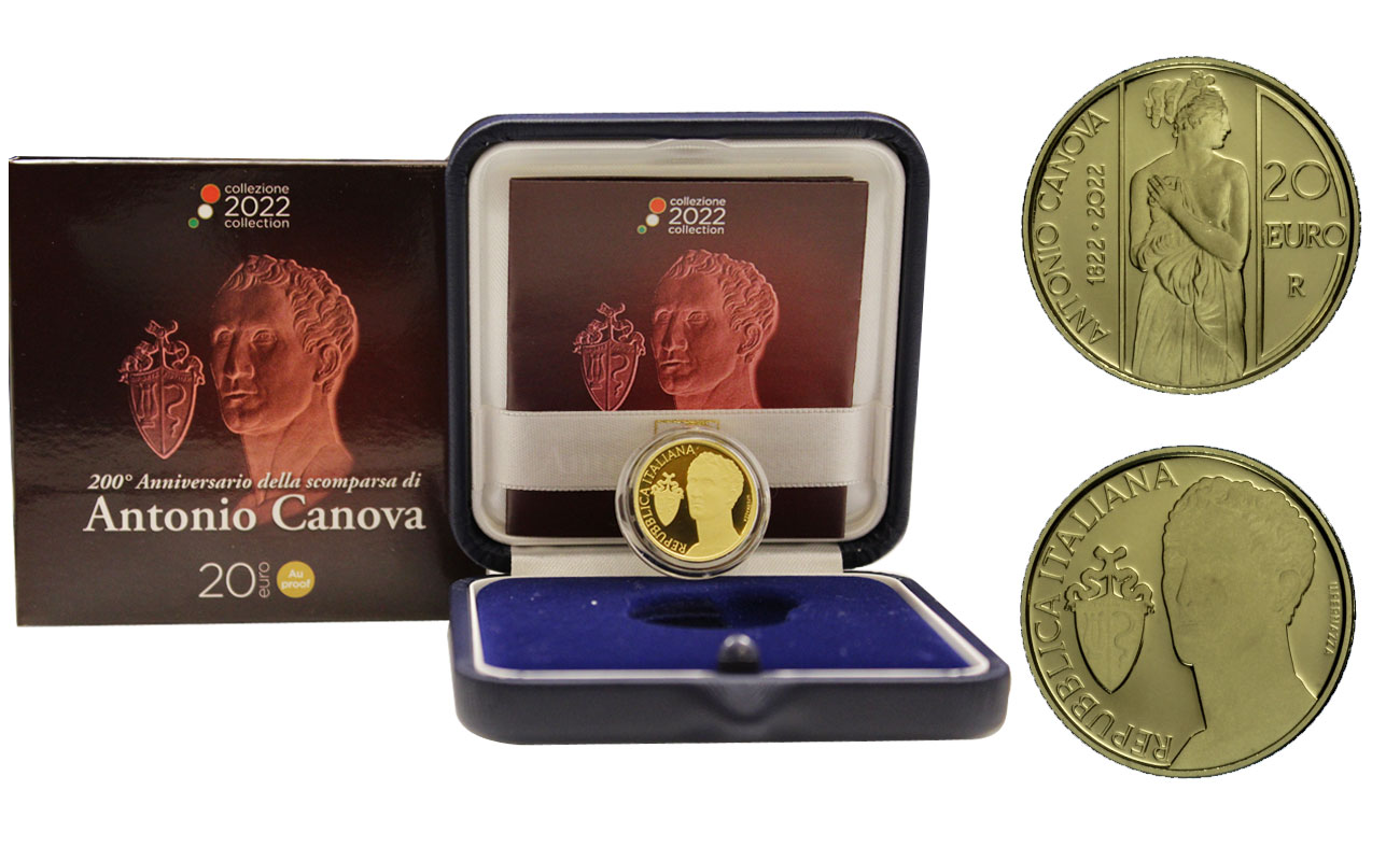"200 scomparsa di Antonio Canova" - 20 Euro gr. 6,45 in oro 900/ - Tiratura 1500 pezzi