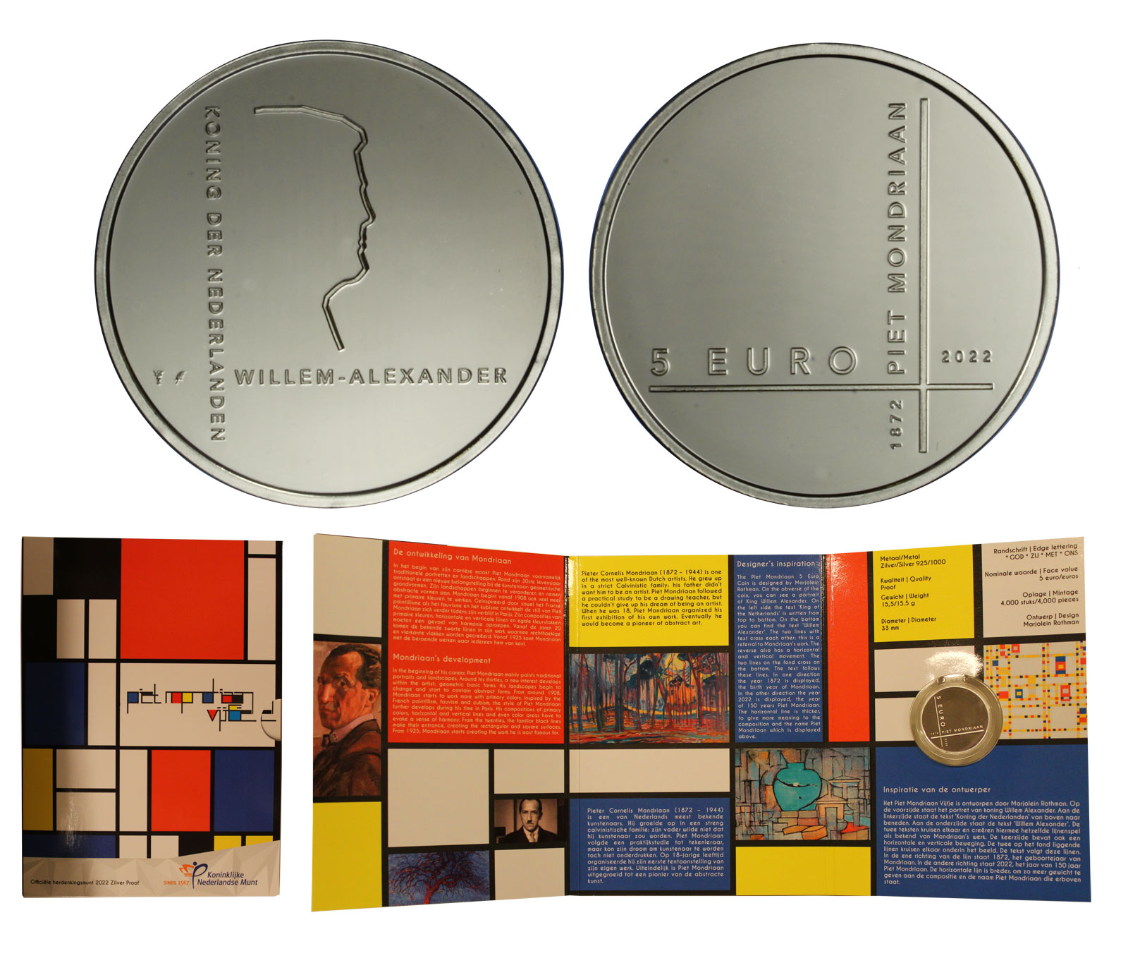 "Arte - Piet Mondrian" - 5 euro gr. 15,50 in ag. 925/°°°