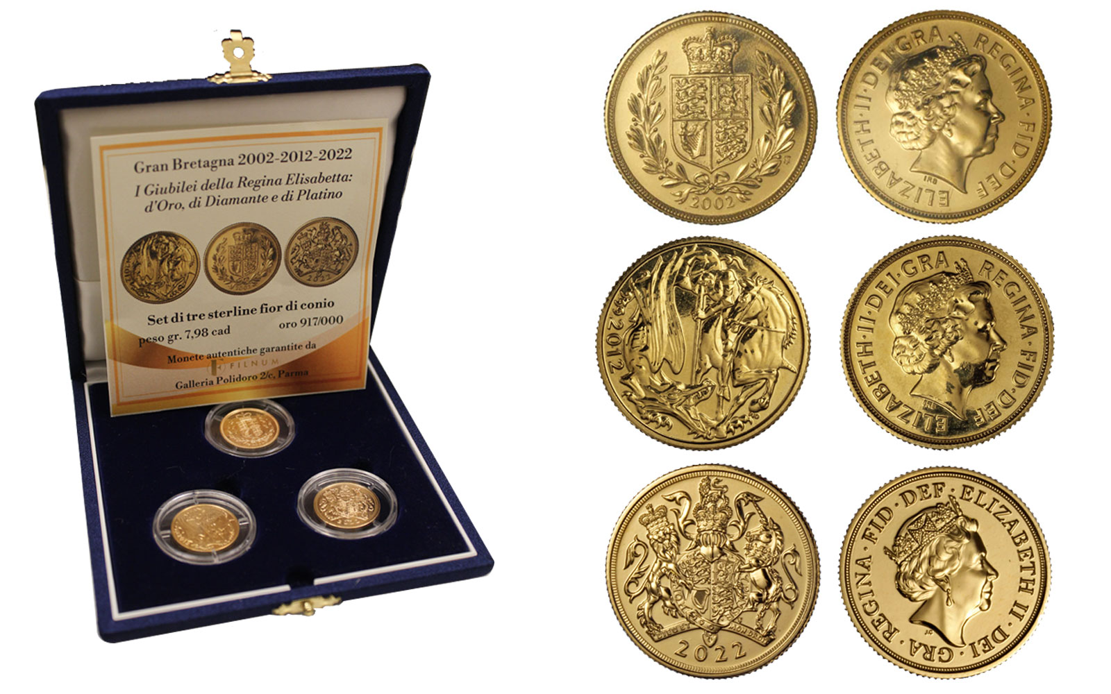 "I Giubilei della Regina Elisabetta: d'Oro, di Diamante e di Platino" - Set di tre sterline fior di conio gr. 7,98 in oro 917/000