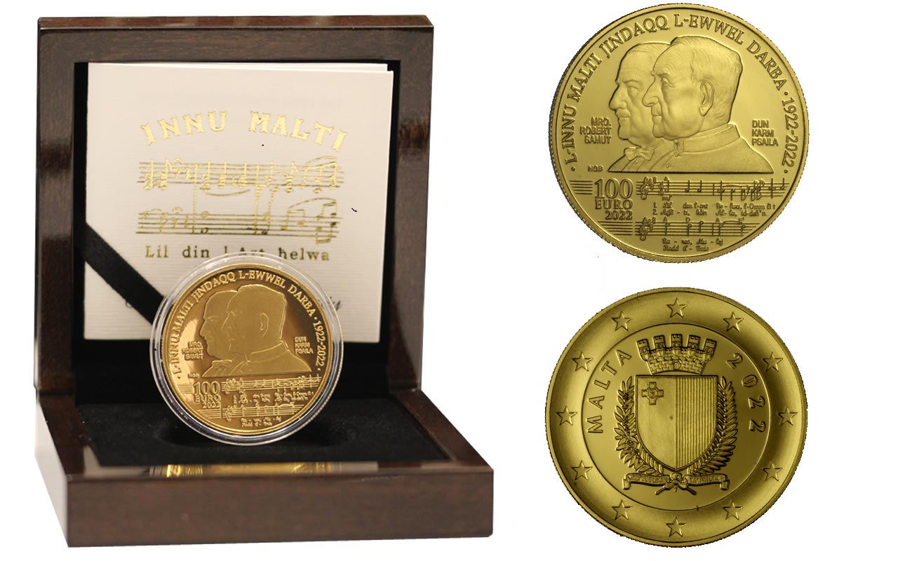 "Innu Malti" - 100 euro gr. 31,10 in oro 999/000 - Tiratura 112 pezzi