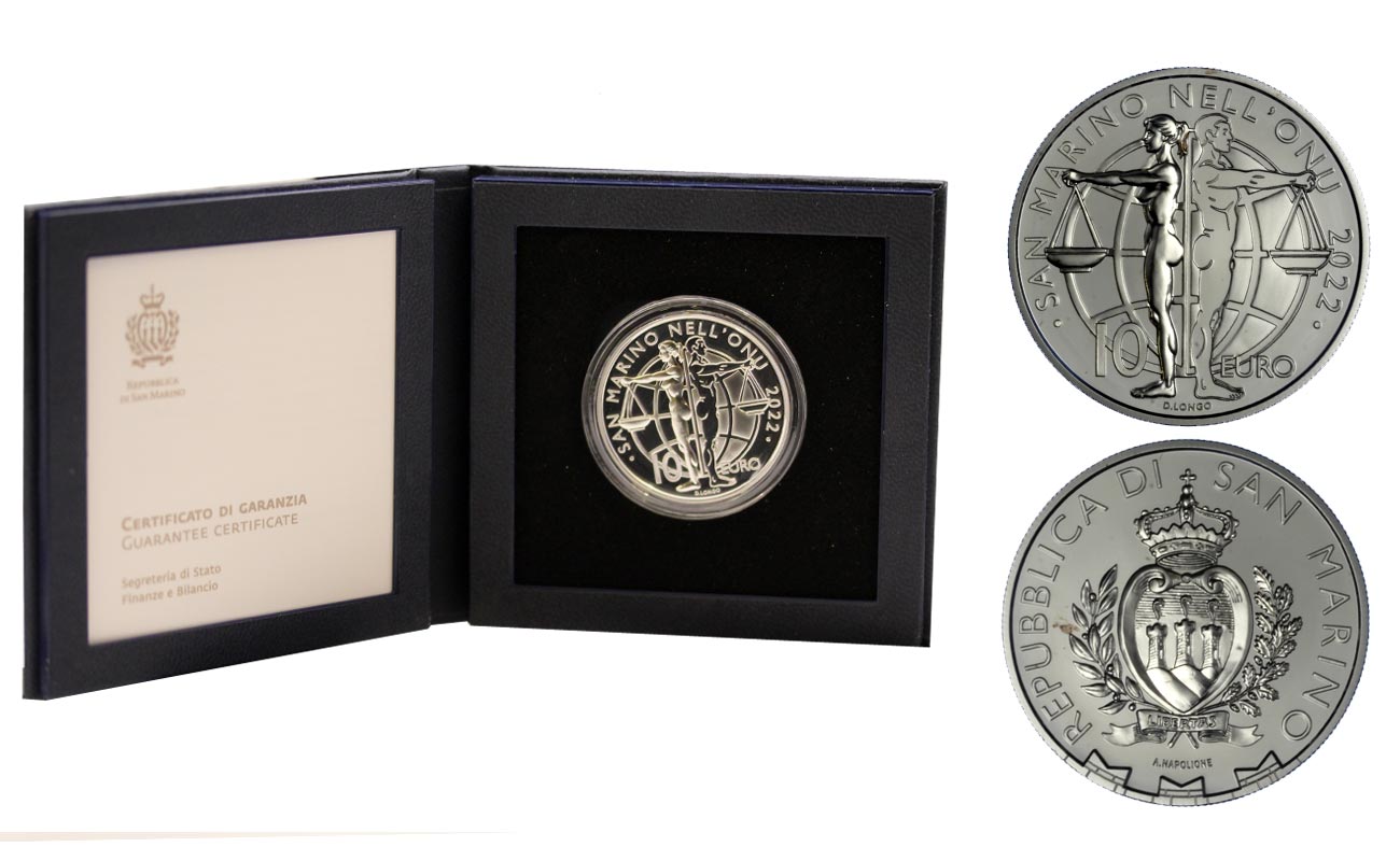 "30° Anniversario di San Marino nell'ONU" - moneta da 10 euro gr. 22,40 in ag. 925/000 