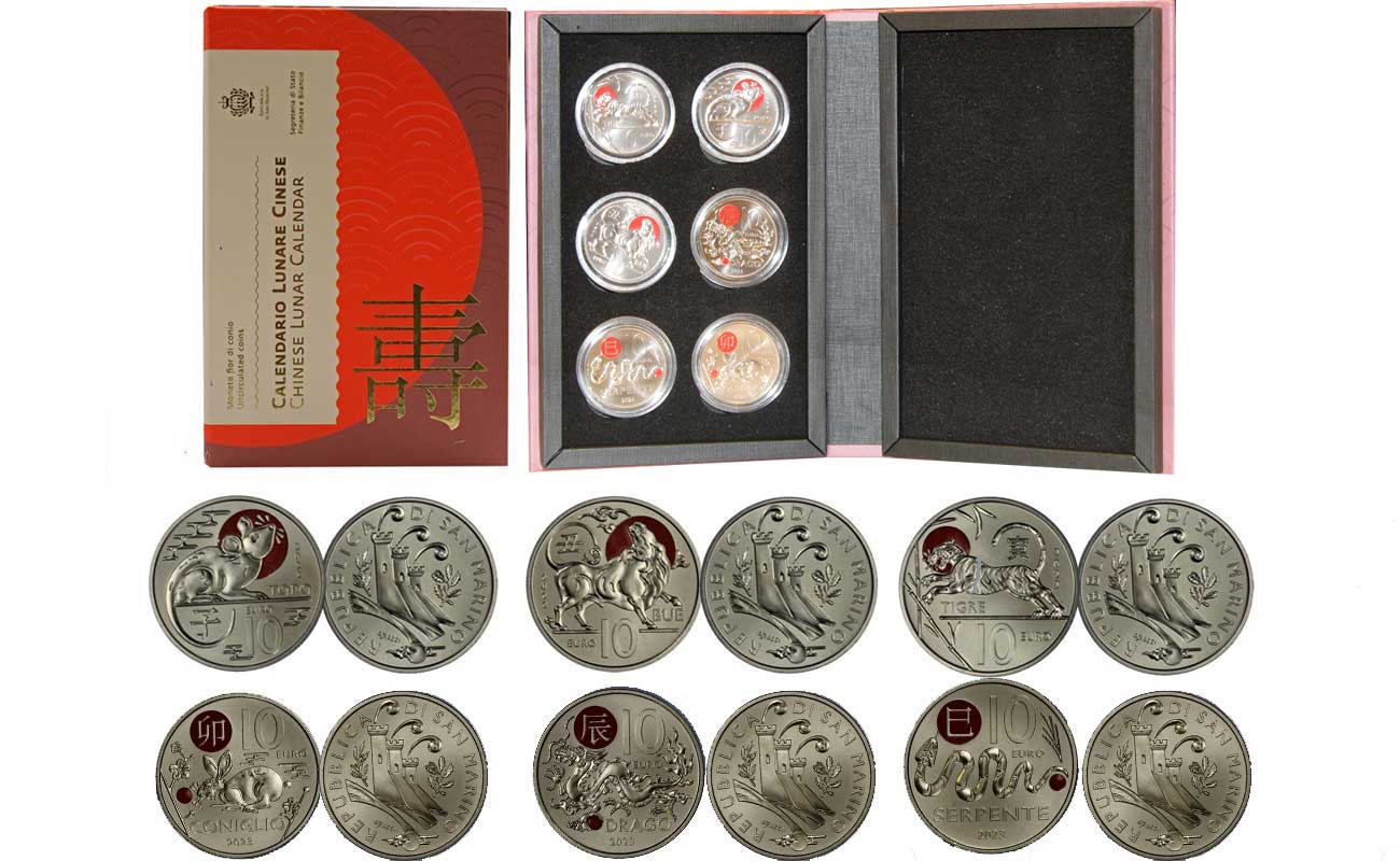Serie "Calendario Lunare" prime emissioni Topo, Bue e Tigre - 3 monete da 5 euro in cofanetto