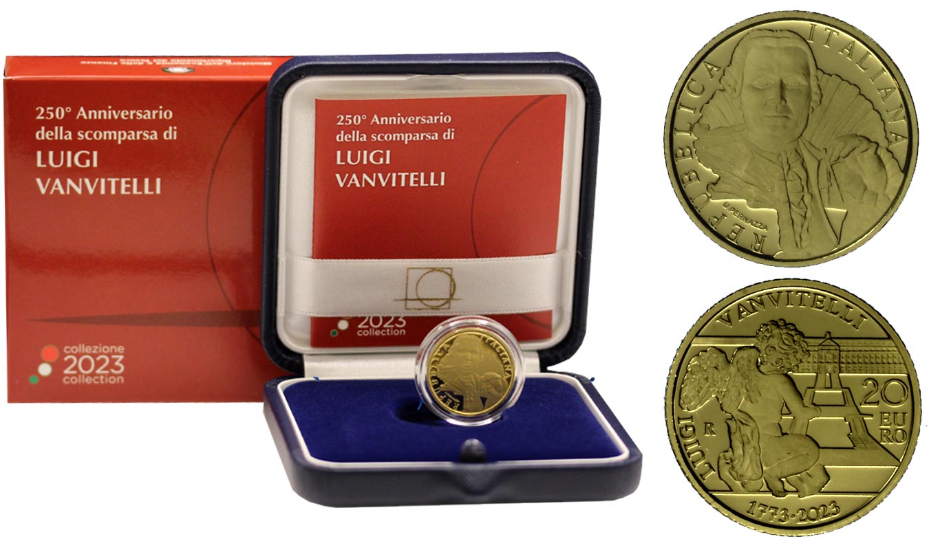 "Luigi Vanvitelli" - Moneta da 20 euro gr. 6,45 in oro 900/°°° - Tiratura 1500 pezzi