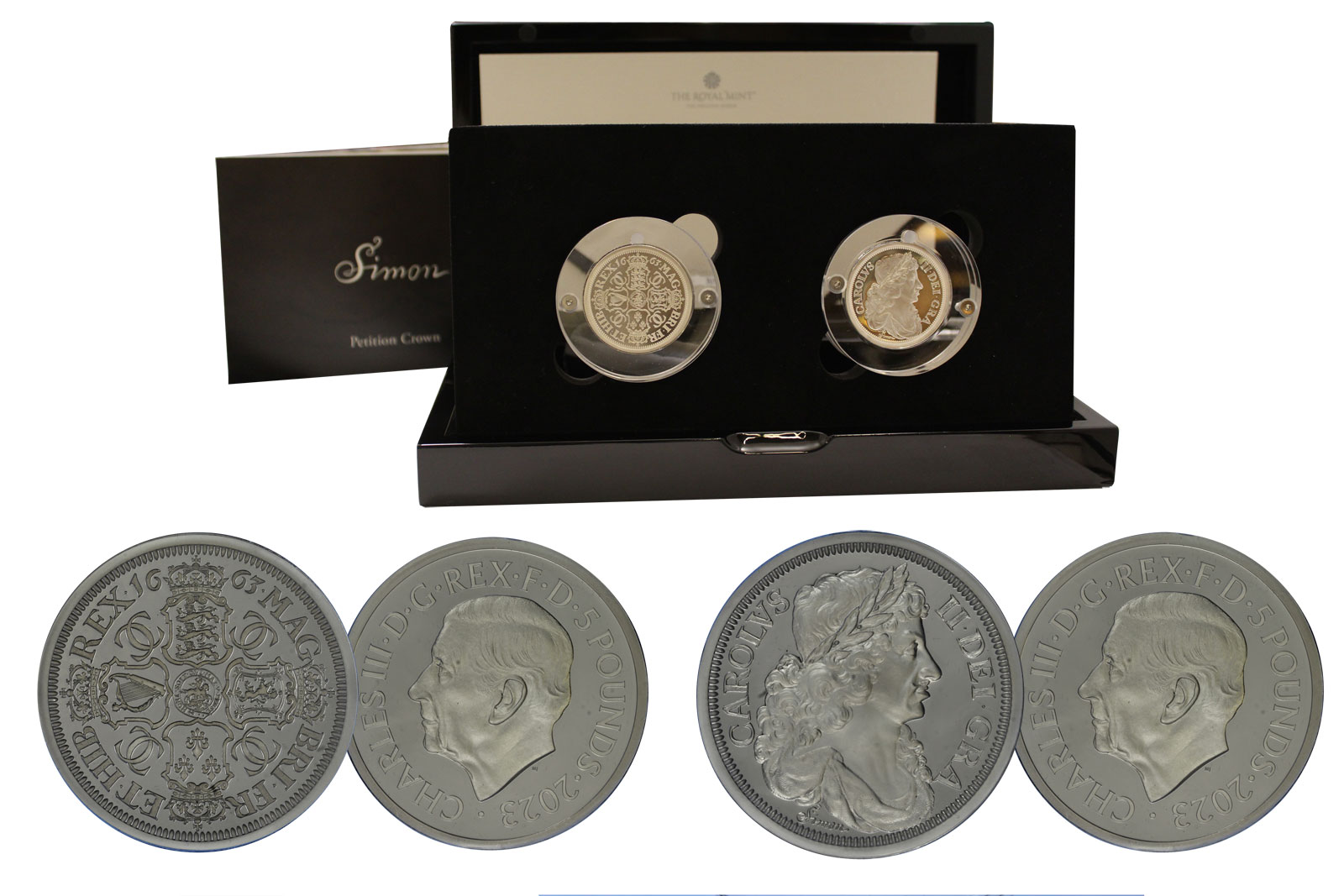 "Petition Crown di T.Simon" - set di 2 monete da 5 sterline gr. 62,42 in ag. 999/ - Tiratura 3250 pz 