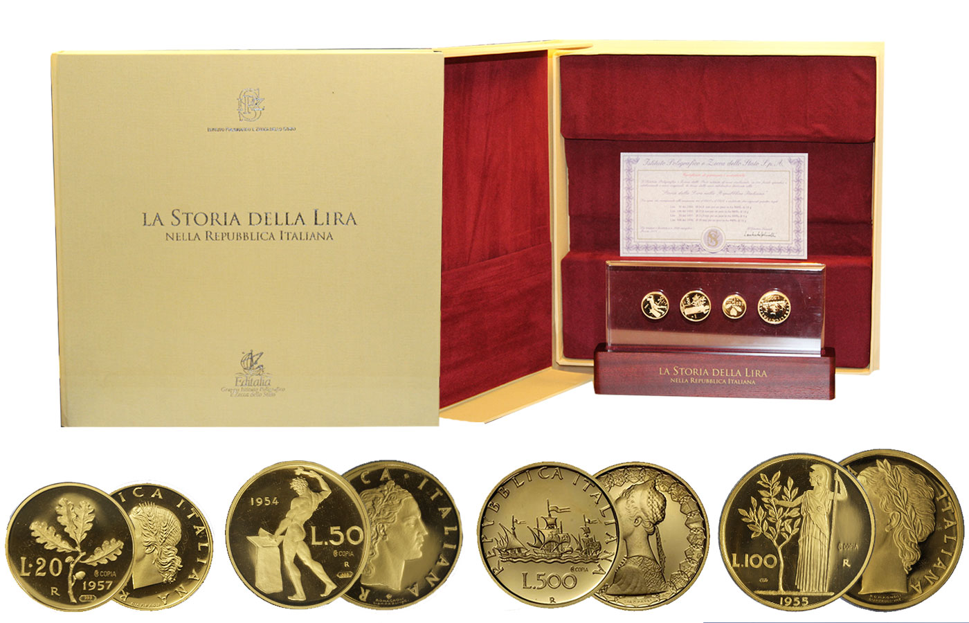 "Storia della Lira" - Riproduzione monete da 20 - 50 - 100 - 500 Lire gr. complessivi gr. 58,00 in oro 900/°°° - conf. originale