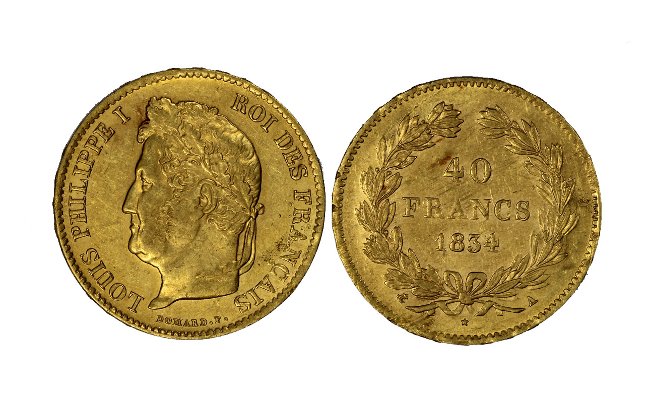 Re Filippo Luigi I - 40 franchi gr 12,90 in oro 900/