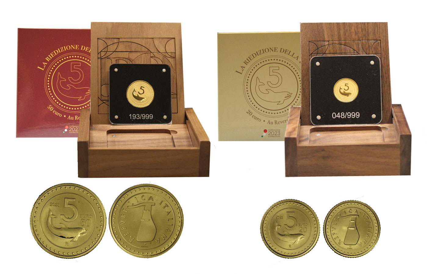 "Riedizione della Lira:  5 lire" - 20 euro gr. 7,77 e 50 euro gr. 15,52 in oro 999/ - Tiratura 999 pezzi