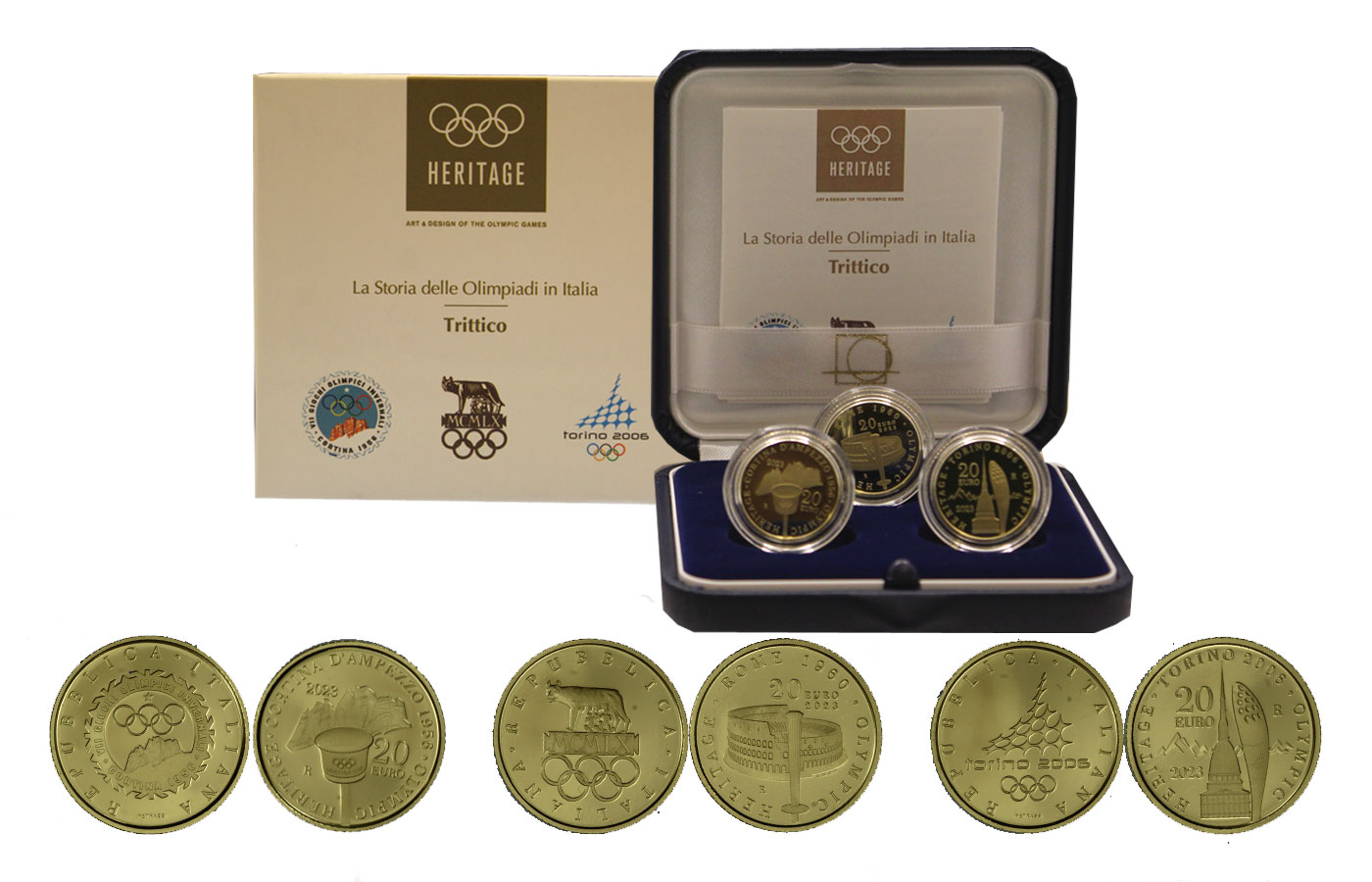 "La storia delle olimpiadi in italia" - Trittico di 20 euro gr. 6,45 in oro 900/ -Tiratura 500 pezzi