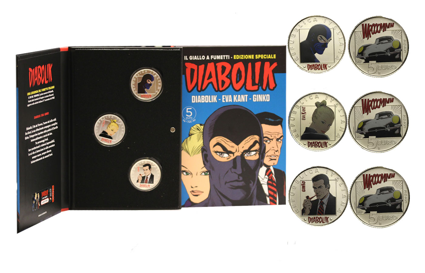 "Serie Fumetti: Diabolik" - Trittico di 5 euro gr.tot. 54,00 in arg. 925/ - In numibook
