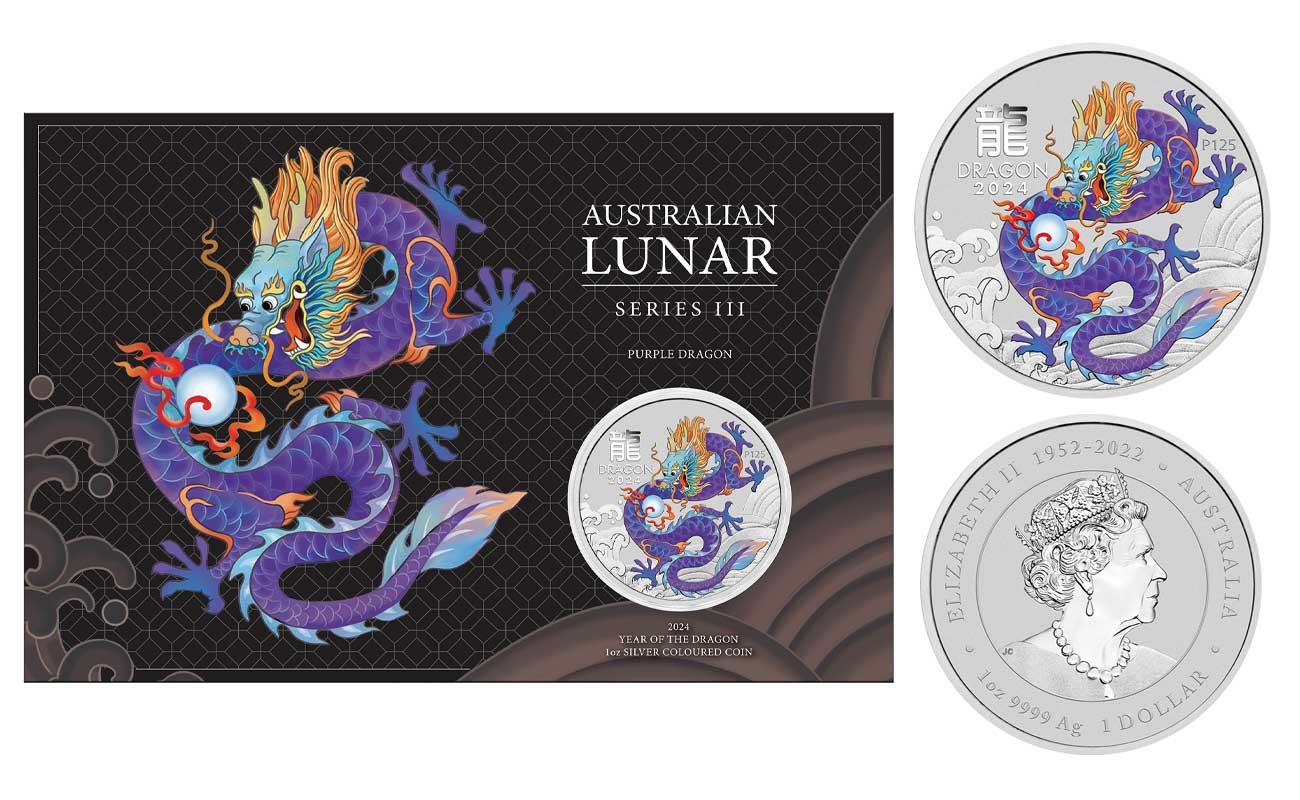 "Calendario Lunare III serie: Drago viola" - Regina Elisabetta II - 1 Dollaro gr. 31,10 in arg. 999/°°° - Tiratura limitata 5000 pezzi