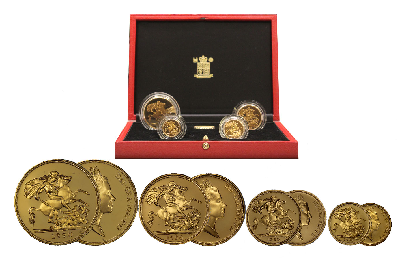 Regina Elisabetta II - Serie di 5, 2, 1 e 1/2 sterlina gr.tot. 67,85 in oro 917/ - In conf. originale  