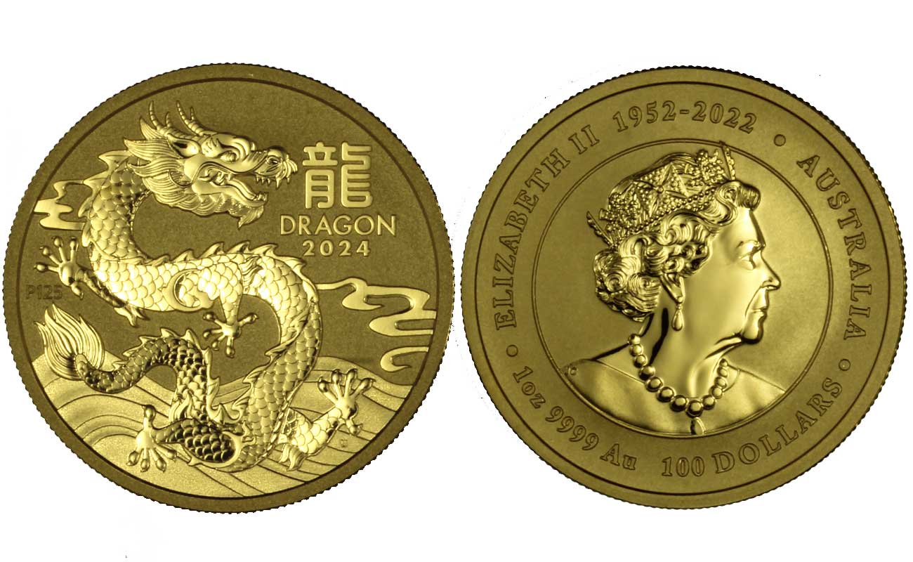 "Calendario Cinese - Anno del Drago" - Regina Elisabetta II - Oncia gr. 31,103 in oro 999/°°° 