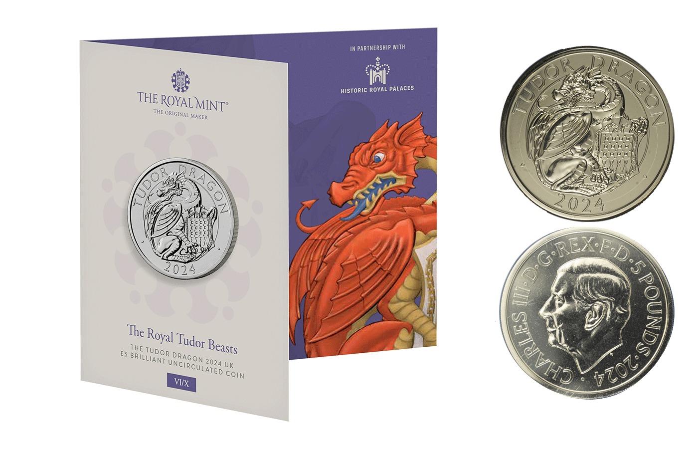 "Tudor Beasts: The Tudor Dragon" - Re Carlo III - 5 Pounds - In folder
