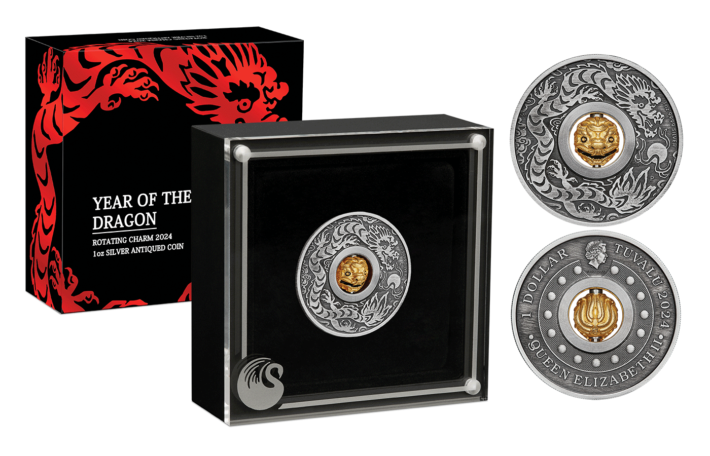 "Anno del Drago" - Regina Elisabetta II - Dollaro con inserto rotante gr. 31,10 in arg. 999/ - Tiratura 3000 pezzi