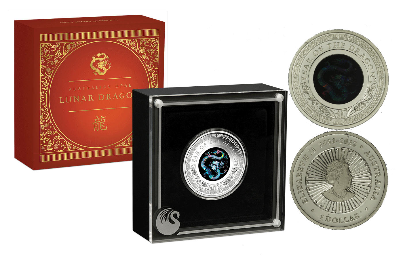 "Anno del Drago" - Regina Elisabetta II - Dollaro con inserto in opale gr. 31,10 in arg. 999/ - Tiratura 6000 pezzi