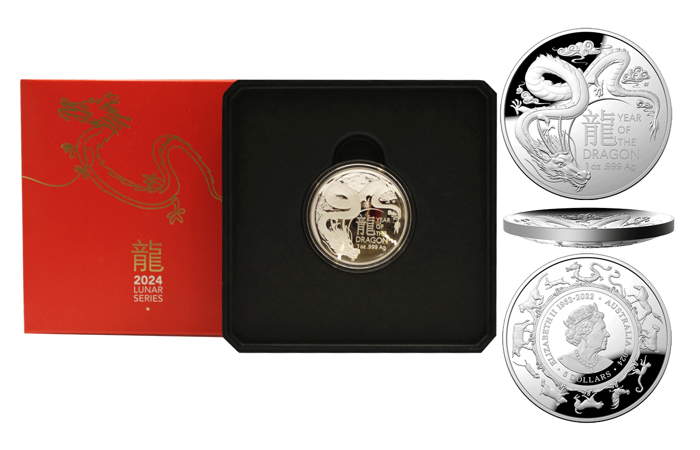 "Anno del drago" - Regina Elisabetta II - 5 Dollari gr. 31,103 in arg. 999/ - Tiratura 7500 pezzi
