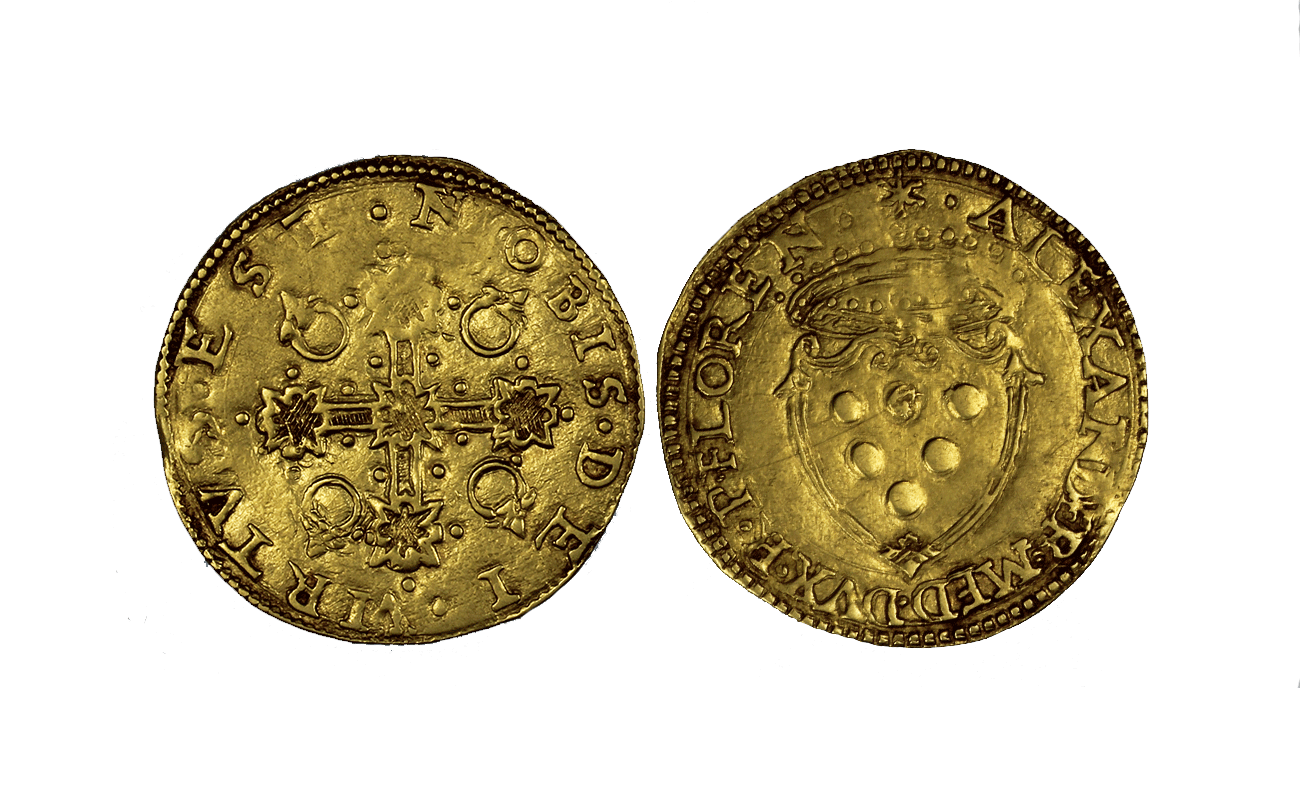 "Stemma cuoriforme e croce coi diamanti" - Duca Alessandro de Medici - Scudo del sole gr. 3,34 in oro 