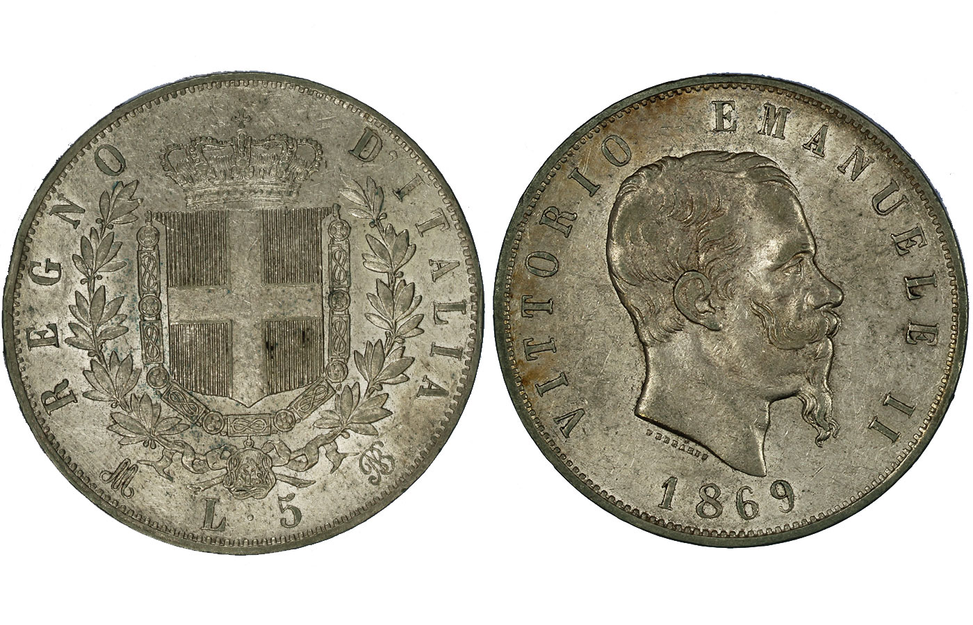 Re Vittorio Emanuele II - 5 Lire gr. 25,00 in arg. 900/ - Colpo sul bordo